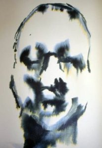 dibujo de cara de hombre en tinta con manchas de agua