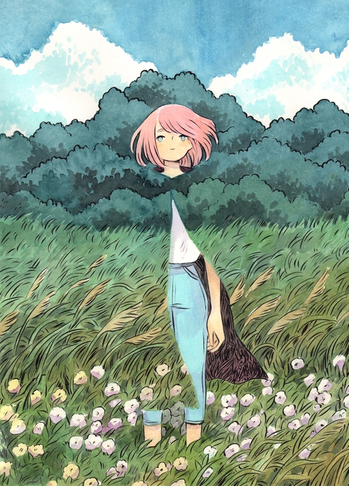 dibujo de chica de pelo rosa al aire libre que lleva puesta una capa interdimensional